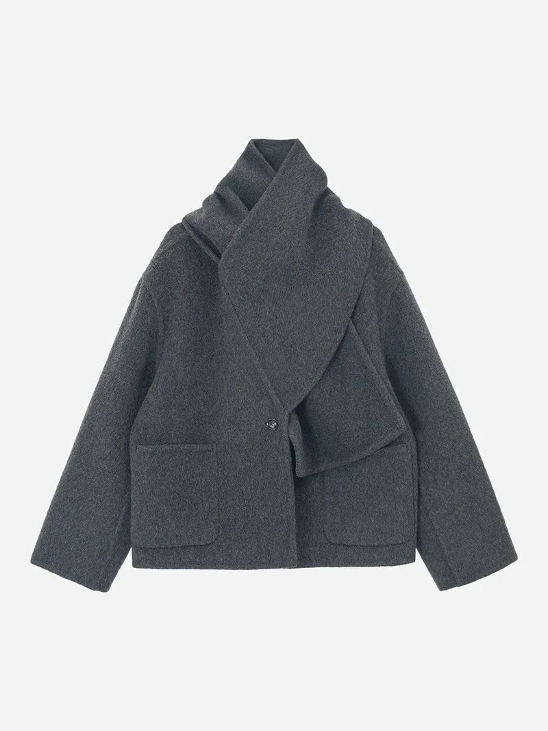 Hemi Blurr Sheep Camel Hair Wool Brushed Gray Scarf Coat Size Medium Nwot — image 3 of 7